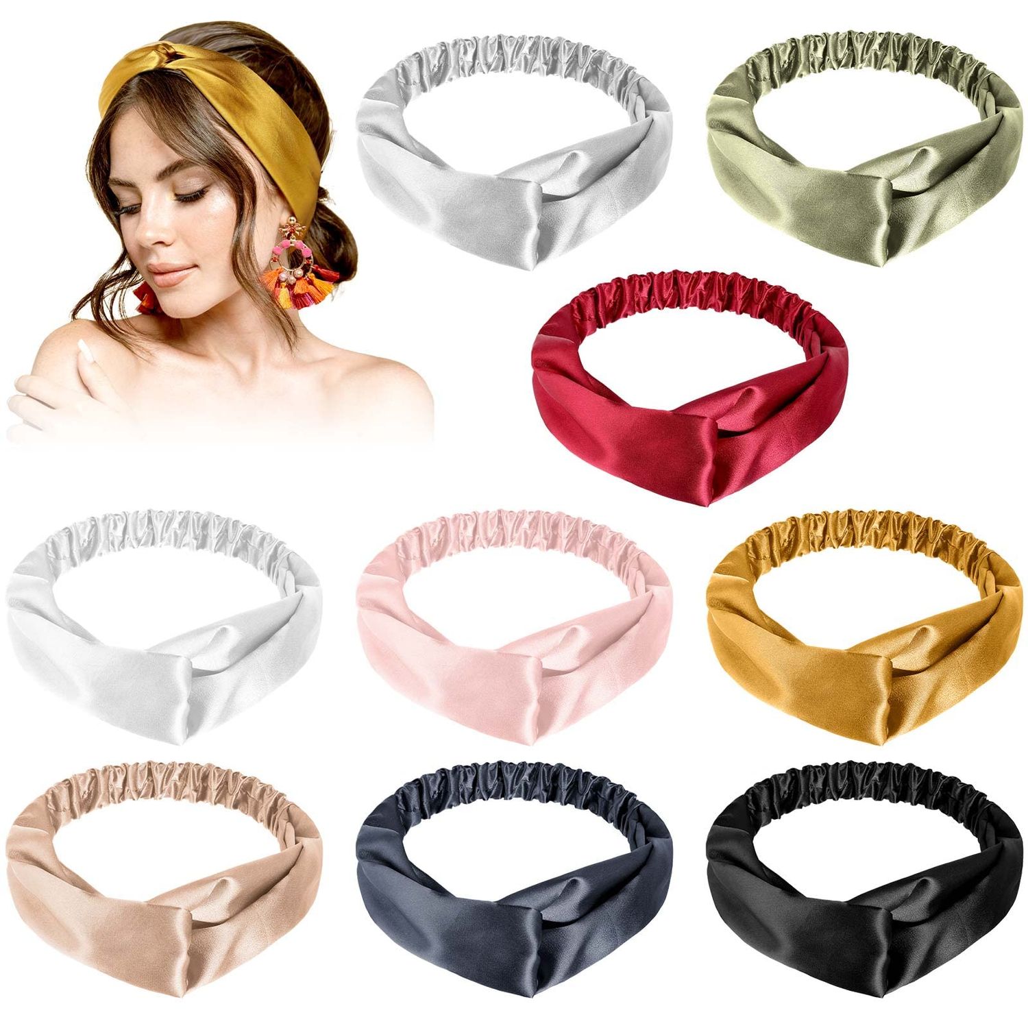MTLEE 9 Pieces Elastic Hair Wraps and Adjustable Satin Headbands Twisted Turban Band for Face Washing, Women and Girls Hair Accessory, 9 Colors