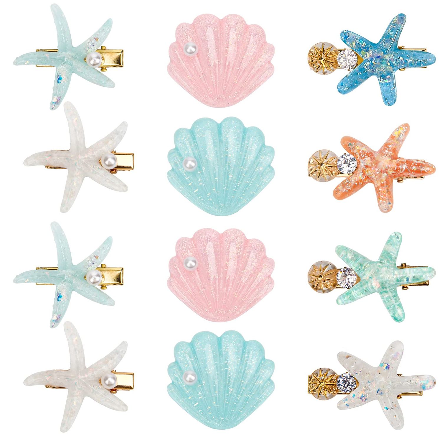 12 Pieces Shell Pearl Starfish Hair Clip Set, Catcan Seashell Hair Clips Starfish Alligator Clips for Women Headwear Styling Tools Accessories (classic style)