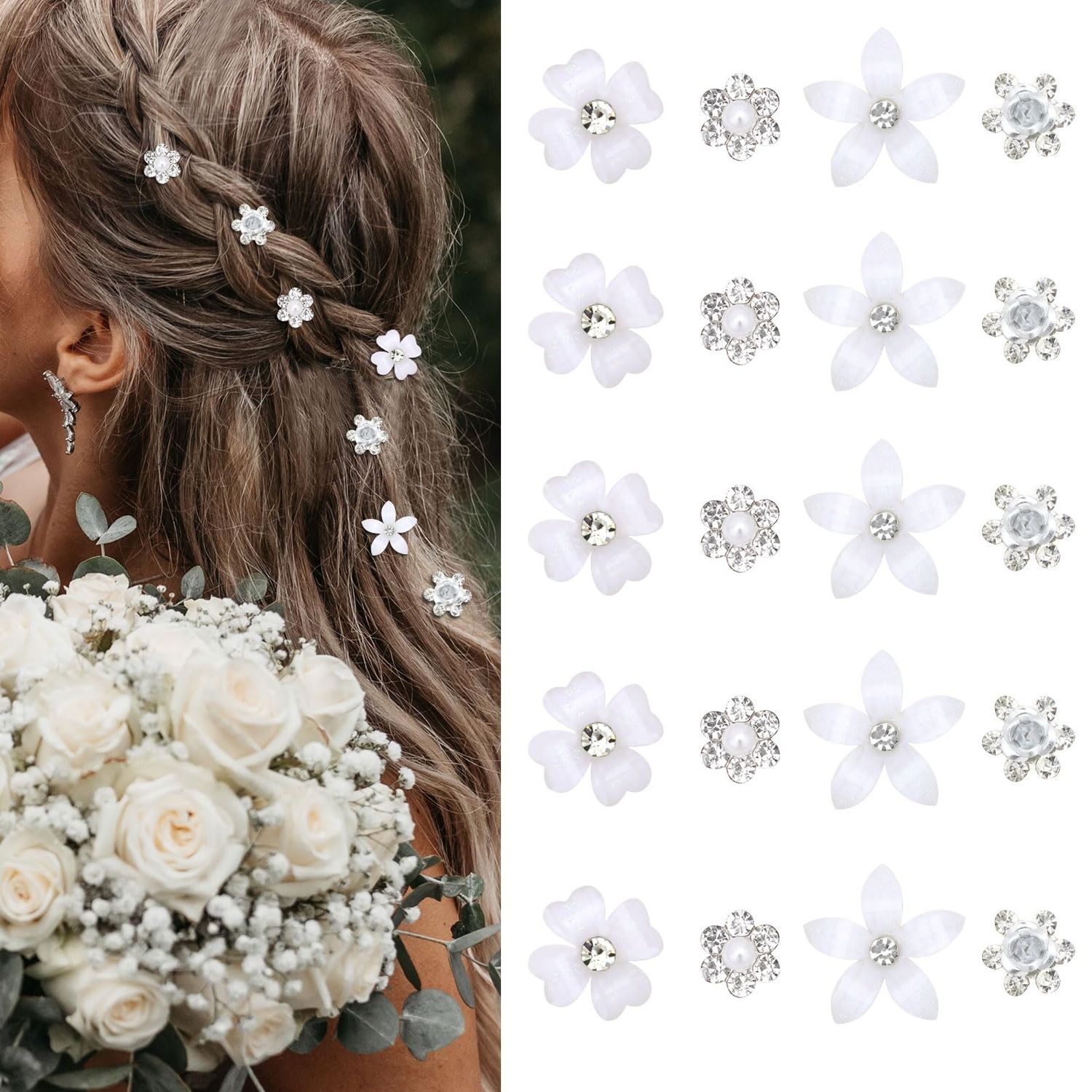 YISSION Mini Rhinestone Hair Pins - 20Pcs Cute Small Decorative Wedding &amp; Bridal Barrettes With Flowers for Girls &amp; Women (4 Flower Patterns)