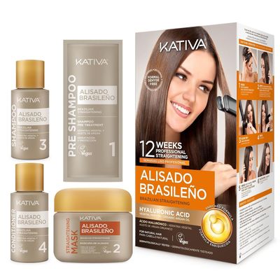 Kativa Brazilian Straightening Kit, 12 Weeks of Home Use Professional Straightening, with Organic Argan Oil, Shea Butter, Keratin &amp; Amino Acids, for Straighter, Softer and Shinier Hair, All Hair Types