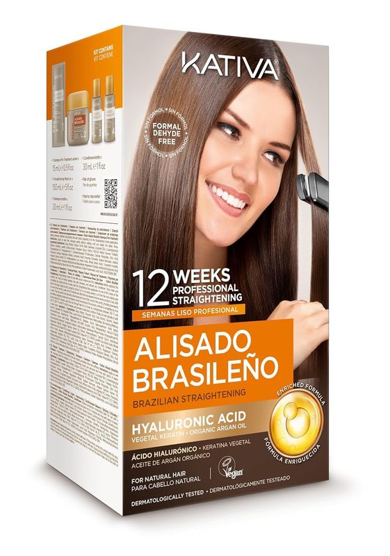 Kativa Brazilian Straightening Kit, 12 Weeks of Home Use Professional Straightening, with Organic Argan Oil, Shea Butter, Keratin &amp; Amino Acids, for Straighter, Softer and Shinier Hair, All Hair Types