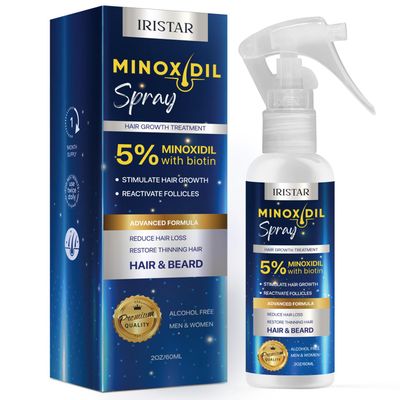 IRISTAR Hair Care Hair Growth Spray, 5% Minoxidil for Men&#39;s Beard and Women&#39;s Hair Regrowth, Biotin Enhanced, 2 oz