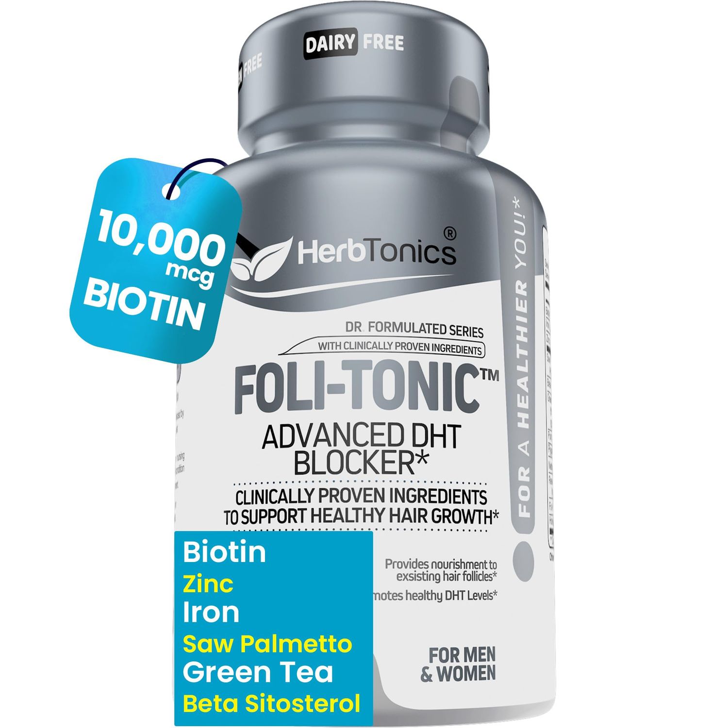 Herbtonics Foli Tonic Hair Growth Vitamins for Women &amp; Men - with Biotin 10000mcg, DHT Blocker, Saw Palmetto &amp; Beta Sitosterol - Promotes Hair Regrowth for Men &amp; Women | 60 Capsules