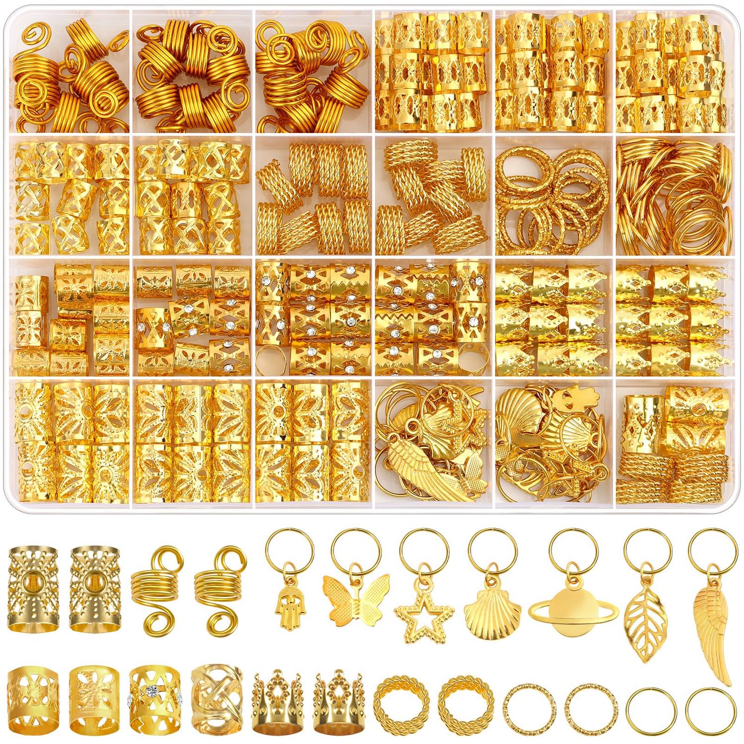 280 Pcs Hair Cuffs for Braids, Dreadlocks &amp; Loc Jewelry - Adjustable Gold Hair Coils Rings &amp; Charms