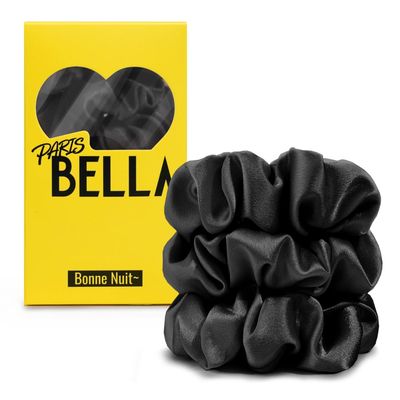 PARISBELLA NO DAMAGE Silk Scrunchies For Hair Sleep, Satin Hair Ties for Women and Girls, Classic Black, Pack of 3