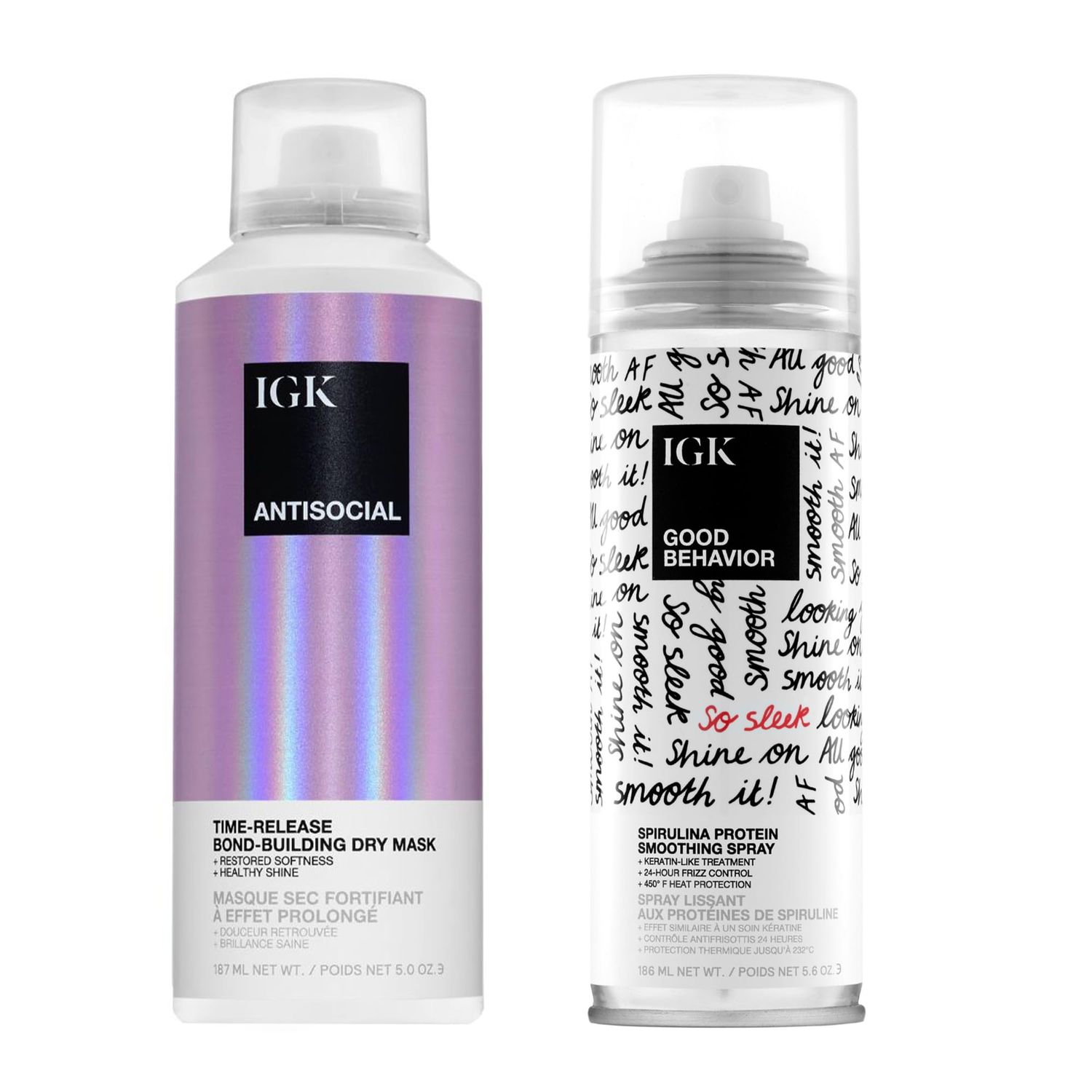 IGK Hair Treatment Full Size Set | Antisocial Dry Hair Mask + Good Behavior Spirulina Spray | Overnight Bond-Building + Keratin Like Smoothing Spray | Vegan + Cruelty-Free | Set of 2