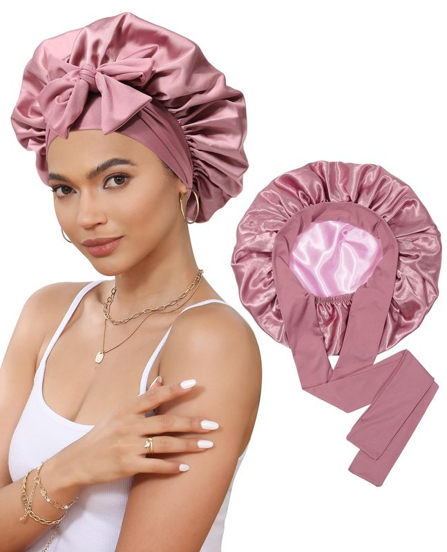 Satin Bonnet Silk Bonnet for Sleeping Silk Sleep Cap Double Layer Hair Bonnet with Elastic Tie Band for Curly Hair Night Cap (Bean Paste + Pink)