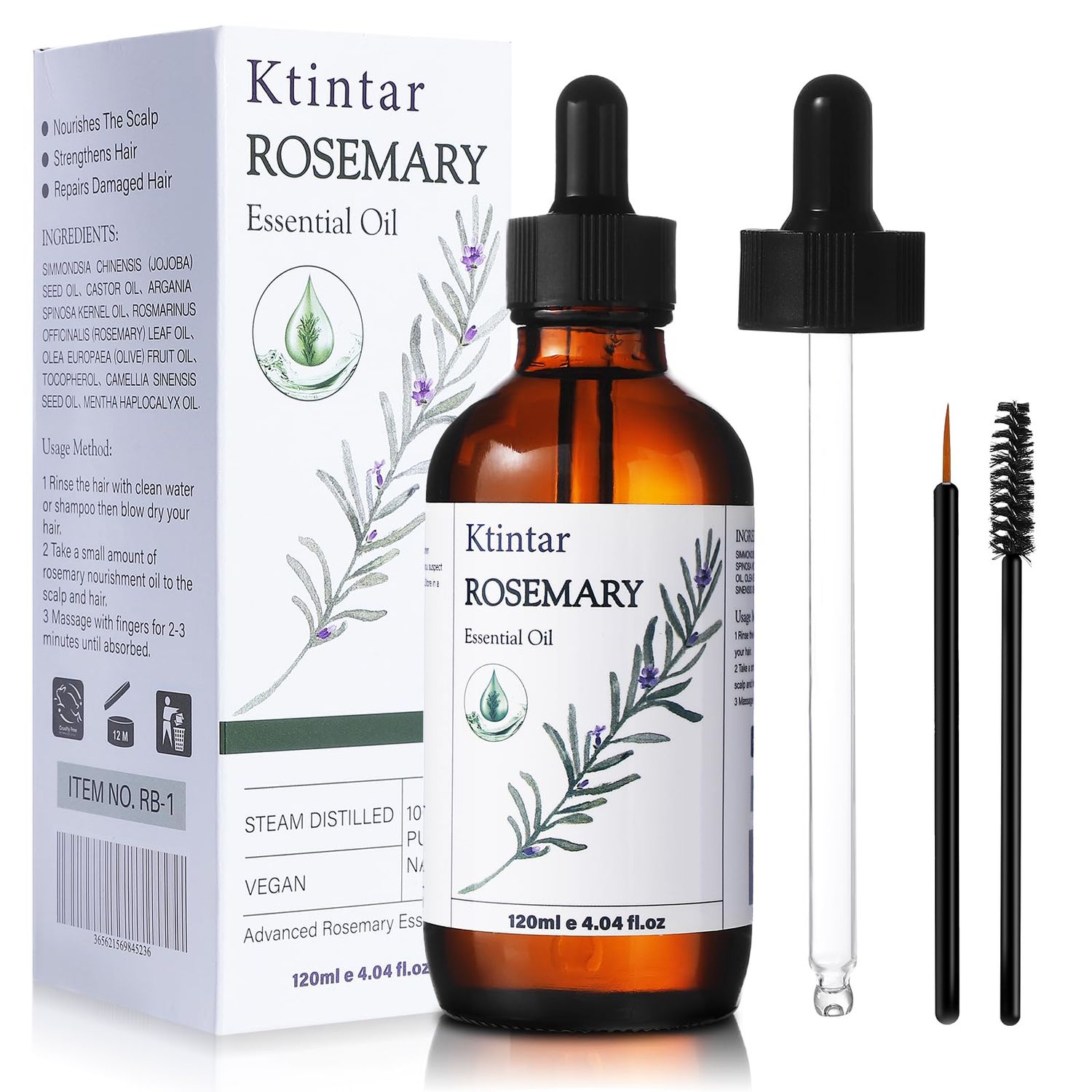 Ktintar Rosemary Oil for Hair Growth 4.04 Fl Oz, Pure Organic Rosemary Oil with Premium Glass Dropper, Rosemary Essential Oil for Eyelashes, Eyebrows, Nourishes The Scalp, Rid of Itchy, Skin Care