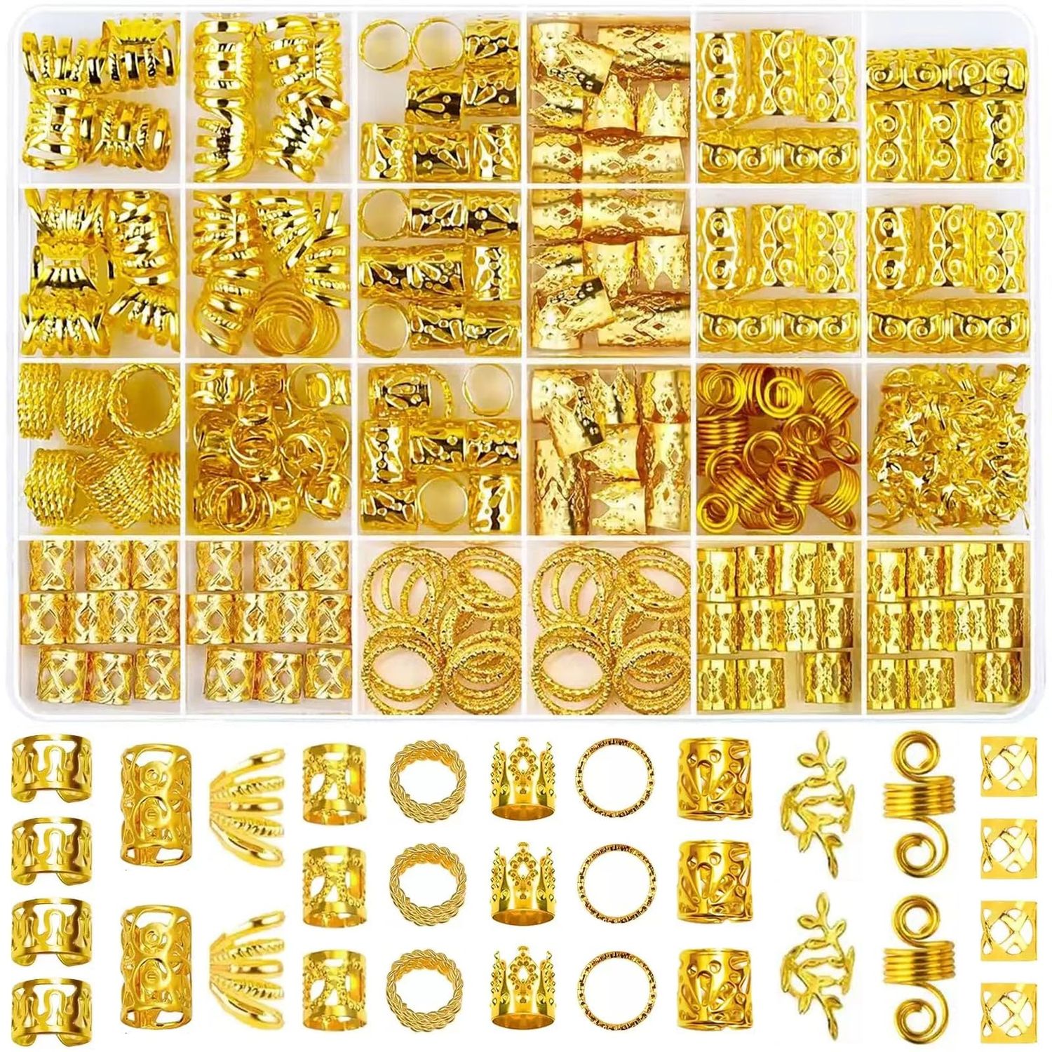 Tuefuzy 280 Pcs Gold Hair Jewelry Braid, Hair Accessory, Hair Dreadlock Accessory Braid, Metal Gold Braids Rings Cuffs Clips for Dreadlock Accessory Jewelry Decorations