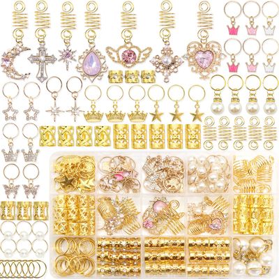 NAISKA 156Pcs Pink Crystal Loc Dreadlocks Jewelry Gold Hair Jewelry for Braids Multi Shape Crown Pearls Hair Decoration Hair Coils Rings Dreadlocks Hair Cuffs for Women and Girls