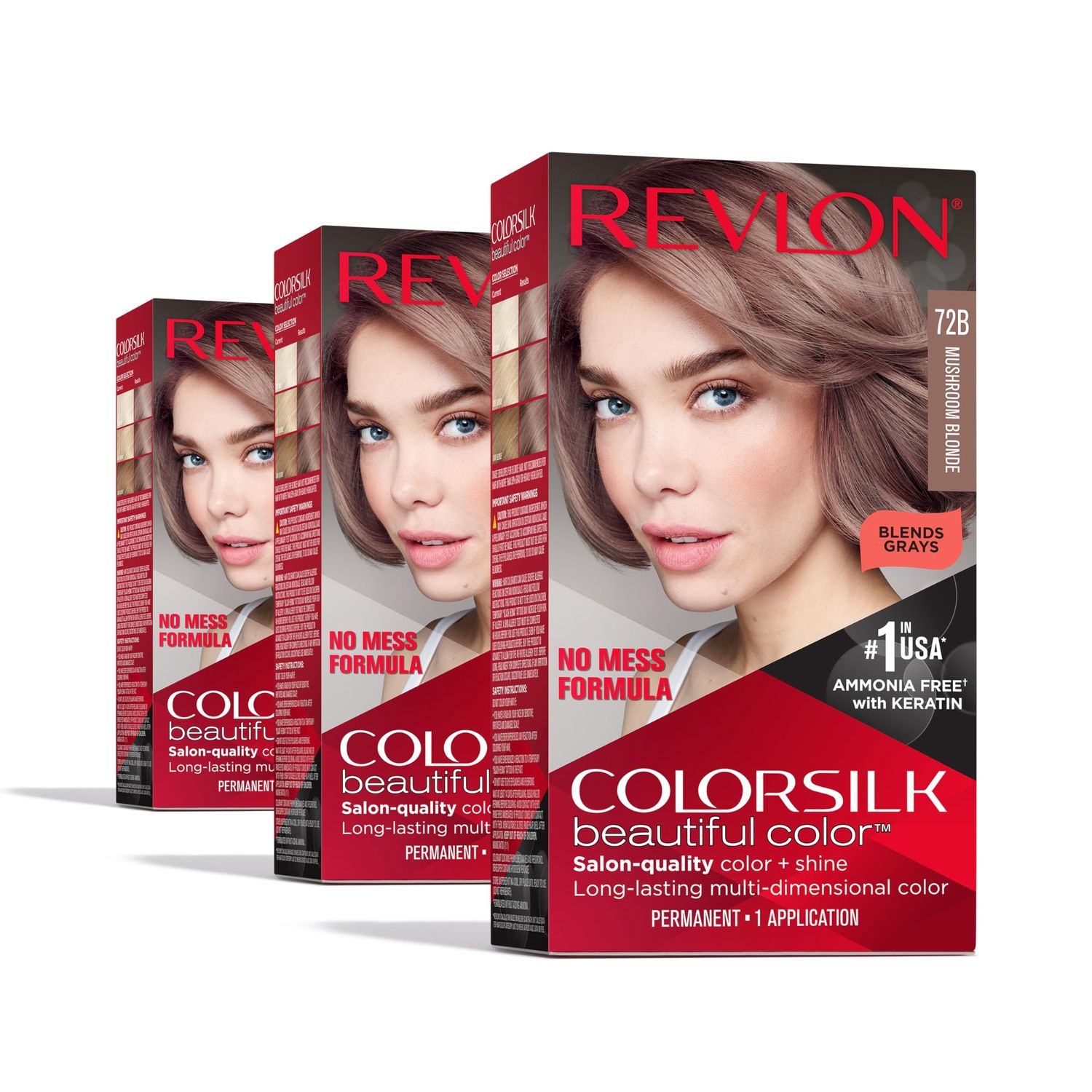 Revlon ColorSilk Permanent Hair Color, 100% Gray Coverage Dye Kit, Ammonia-Free, Keratin and Amino Acids, Blonde Shades, 72B Mushroom Blonde (Pack of 3)
