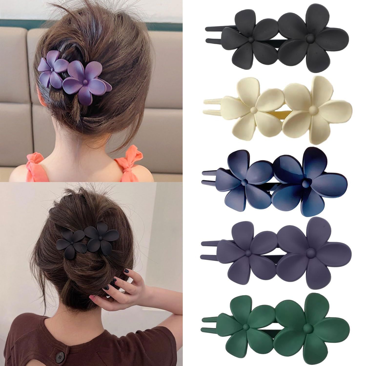 Mdscve 5Pcs Flower Flat Hair Clips for Women Matte Flat Hair Claw French Alligator Clips Non-Slip Cute Duck Billed Flat Claw Clips for Thick Hair for Girls