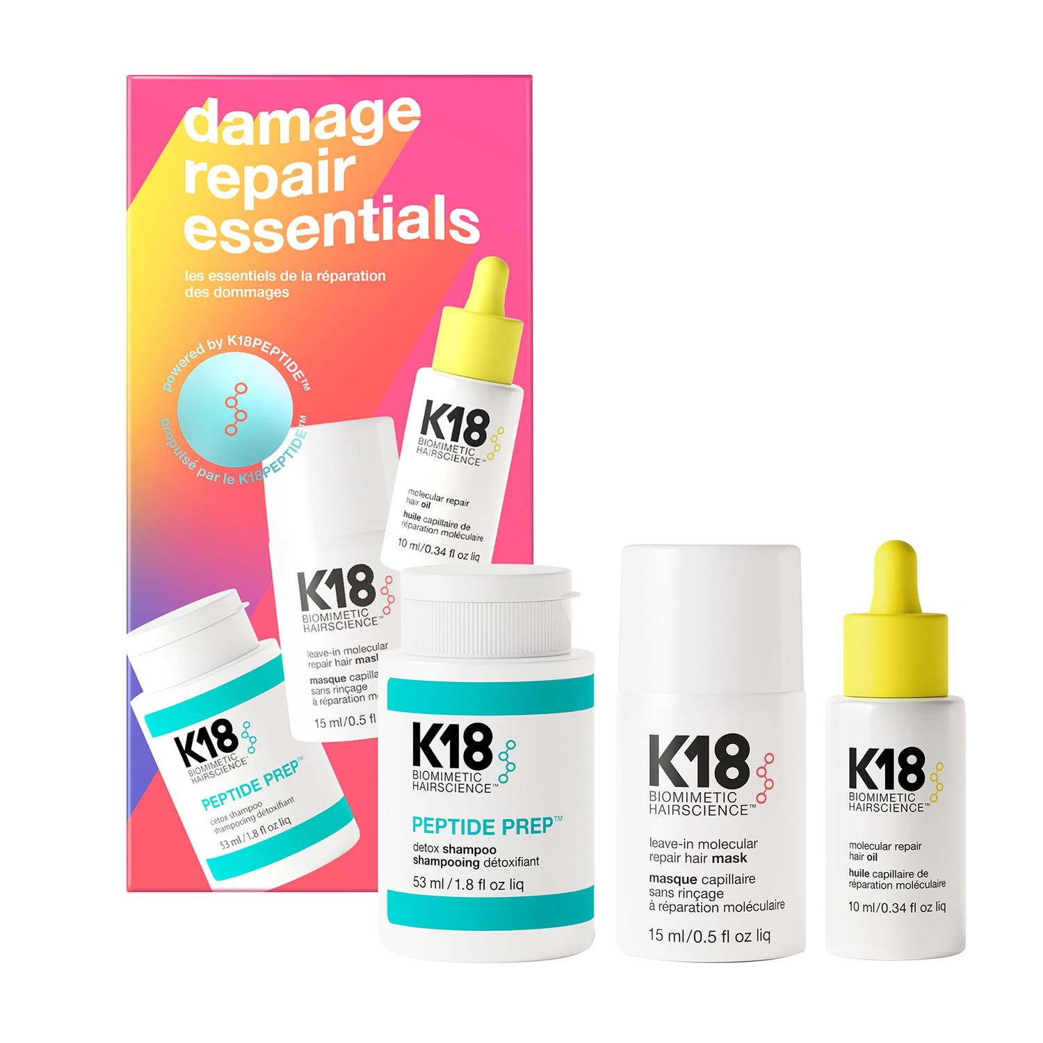 K18 Damage Repair Essentials Kit, Travel-Friendly Trio Featuring Mini Hair Mask, Mini Hair Oil &amp; Mini Detox Shampoo