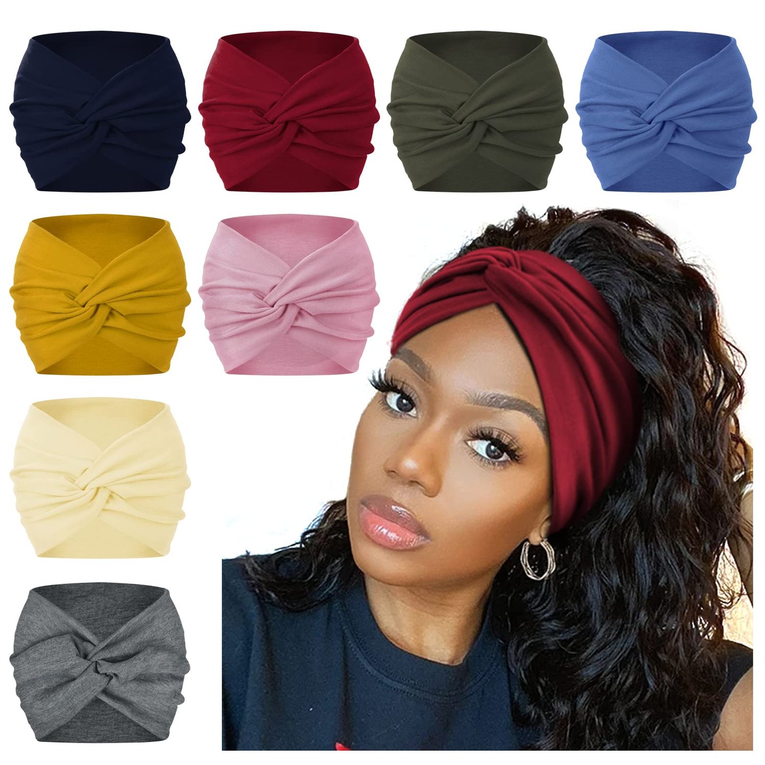AKTVSHOW 7&#39;&#39; Wide Headbands for Women, Extra Large Turban Workout Headband Fashion Yoga Hair Bands Boho Twisted Thick Hair Accessories, 8Pack