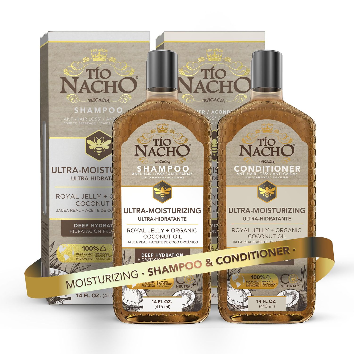 Tio Nacho Ultra Moisturizing, Royal Jelly &amp; Organic Coconut Oil Shampoo + Conditioner Set - Deep Hydration for Dry Hair, Anti Hair Loss, 14 fl oz Each