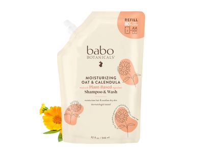 Babo Botanicals Moisturizing Oat &amp; Calendula 2-in-1 Shampoo &amp; Wash - for Dry or Sensitive Skin - for All Ages - Lightly Scented - Vegan - Refill pouch 32 fl.oz.