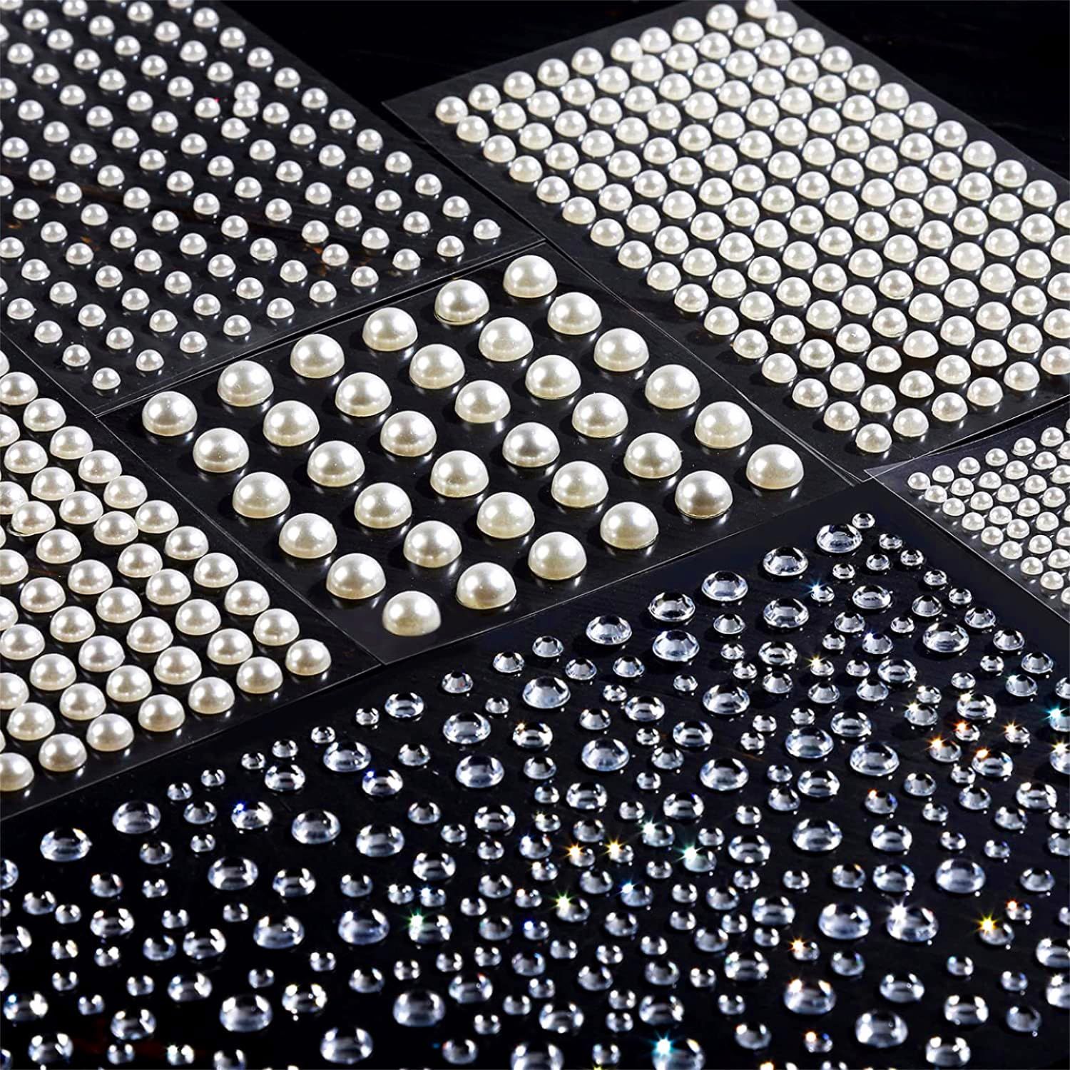 Teenitor 2582Pcs Hair Pearls Hair Gems Face Gems, Hair Pearls Stick On, Hair Face Jewels Face Hair Gems 3/4/5/6/8mm Hair Pearls Gems Stick on for Face, Hair, Crafts