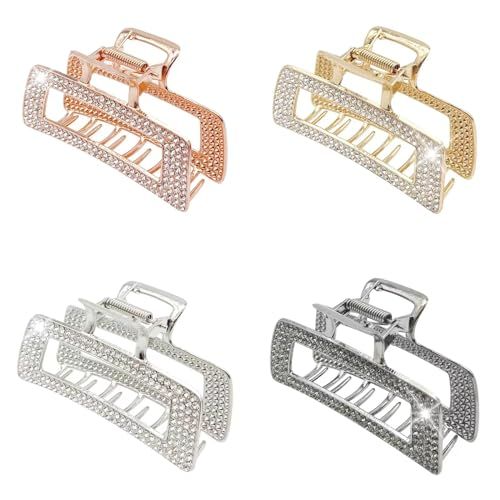 WORTL 3.5 Inch Square Metal Large Claw Clips, 4 Pack Rhinestones Hair Clamps for Women and Thinner,Thick hair styling,Strong Hold jaw clips