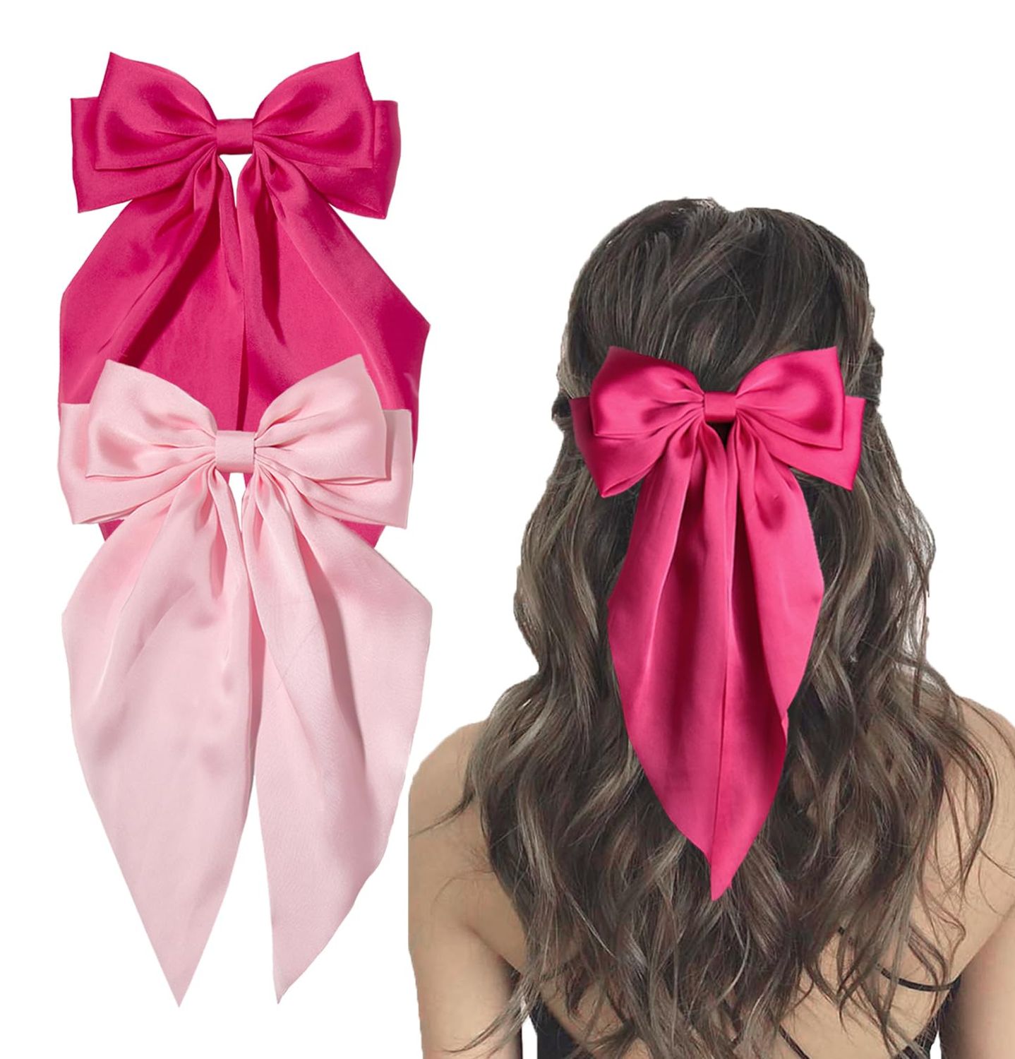 Furling Pompoms Hair Bows Clip, Hot Pink Bow for Women&#39;s Hair - 2 Pack, Elegant Satin Bow Hair Accessories for Birthday, Wedding, Holidays