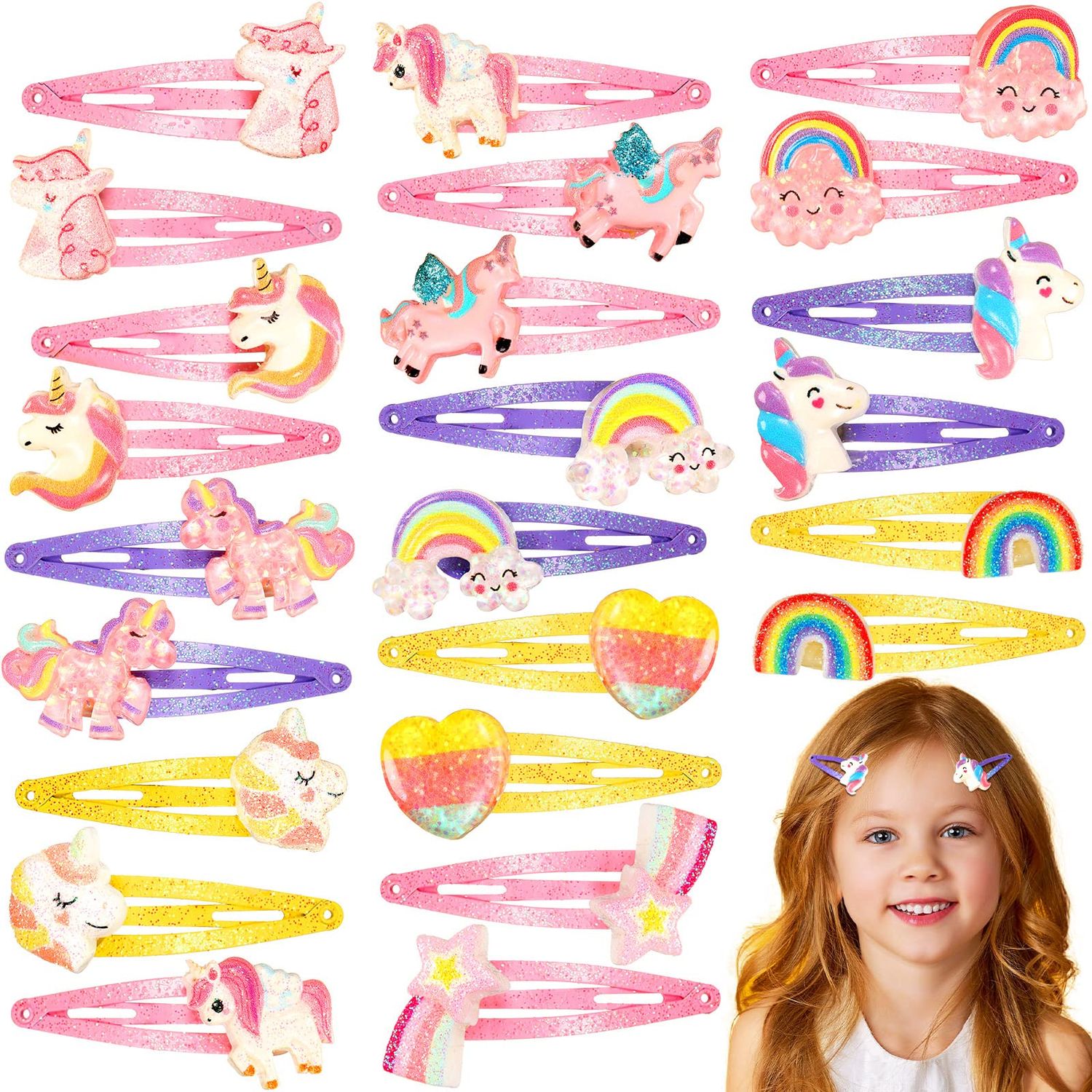 Hanaive 24 Pcs Rainbow Unicorn Clips Metal Clips Butterfly Snap Barrettes Cute Mermaid Hair Pins Sparkly Animal Hair Accessories for Toddlers Little Girls Birthday Party Gifts(Rainbow Pattern)