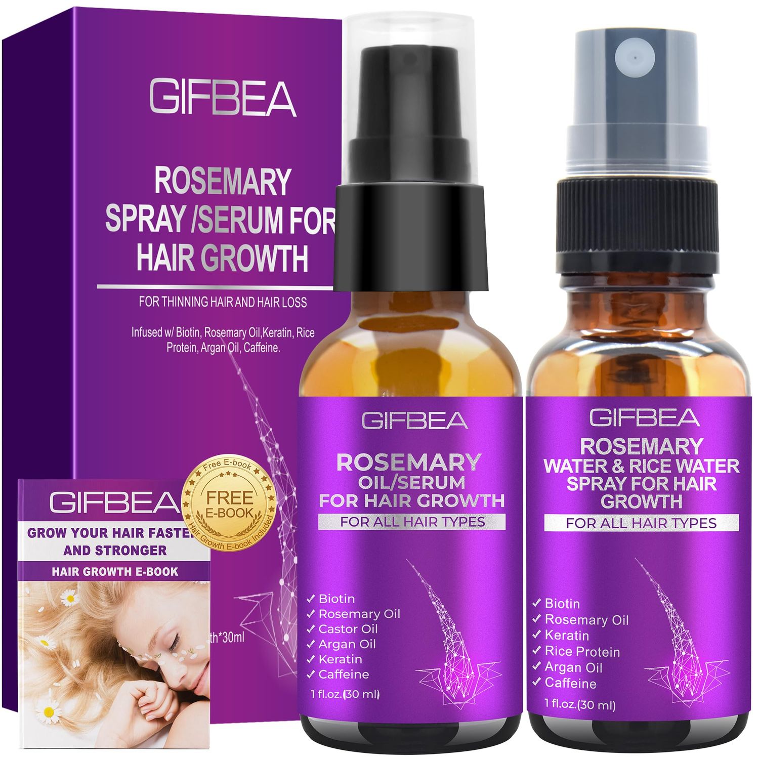Rosemary Oil Hair Growth Serum W/Rosemary Water &amp; Rice Water Spray Hair Growth,Biotin Castor Oil Argan Oil Caffeine Keratin Reduce Hair Loss,Restore Dry Damaged Hair Regrowth Treatments for Women Men