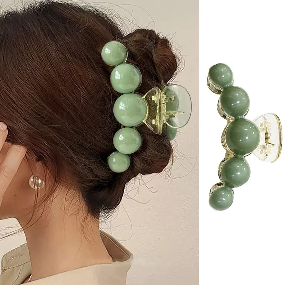 Large Green Pearl Hair Clamps for Women - Elegant Acrylic Hair Crab Clips, Non-Slip Strong Hold for Thick or Thin Hair