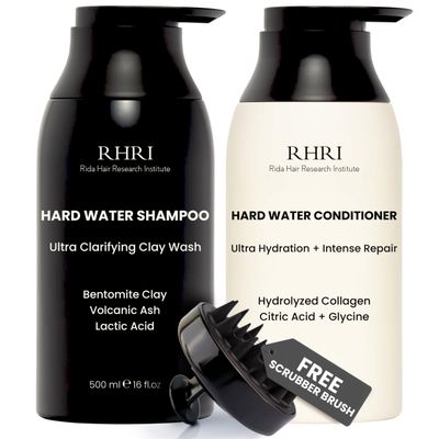 Hard Water Shampoo &amp; Conditioner Set | Hydrating Hair Treatment for Shine &amp; Manageability | Clarifying Wash with Bentonite Clay, Volcanic Ash, Lactic Acid | Metal Detox Shampoo with Collagen 32 FL oz