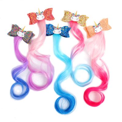 5-Colors Unicorn Hair Clips Hair Accessories For Girls Glitter Hair Bows Braided Curly Wig Hair Extension For Kids Princess Dress Up?5PCS)