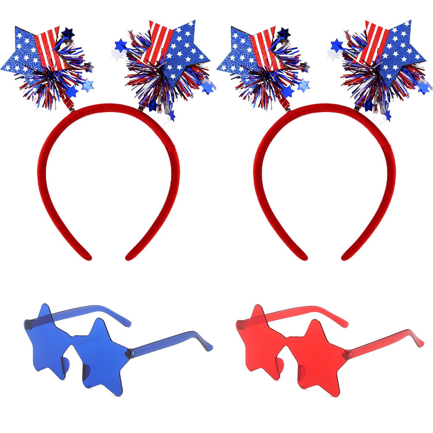 4 PCS Patriotic Party Accessories - Independence Day Headband, Star Sunglasses, Red White Blue Party Favors and Memorial Day Supplies