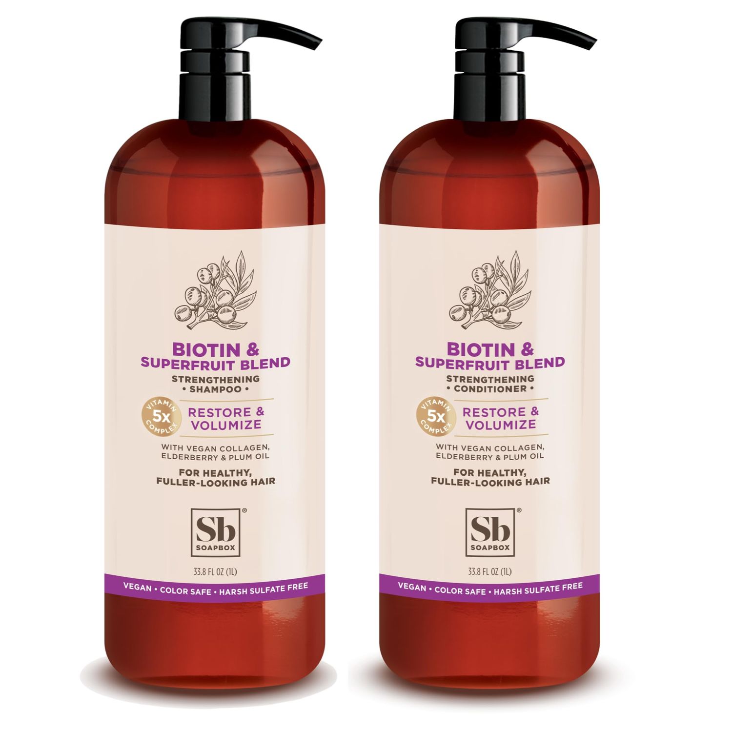 Soapbox Biotin &amp; Superfruit Shampoo &amp; Conditioner Set with Vegan Collagen, Aloe and Shea Butter, Sulfate Free, Paraben &amp; Silicone Free, Color Safe and Vegan Hair Products, 1 Liter Each (Pack of 2)