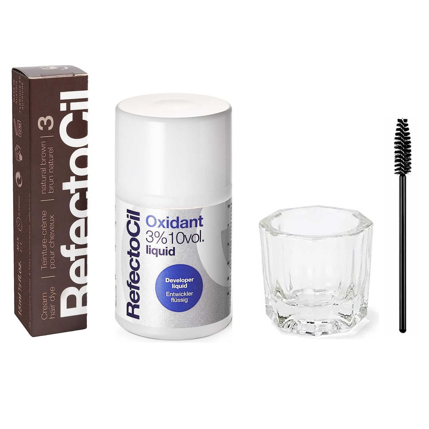 RefectoCil Natural Brown (#3) Hair Tinting Kit Includes Cream Hair Dye + Liquid Oxidant 3% + Mixing Brush &amp; Mixing Dish
