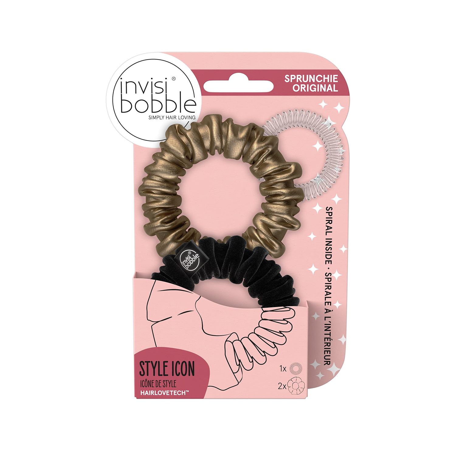 invisibobble Sprunchie Slim Spiral Hair Ring - True Black and True Golden - 2 Pack- Scrunchie Stylish Bracelet, Strong Elastic Grip Coil Accessories for Women - Gentle for Girls Teens and Thick Hair