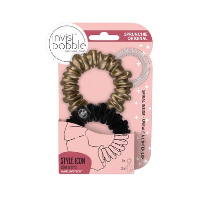 invisibobble Sprunchie Slim Spiral Hair Ring - True Black and True Golden - 2 Pack- Scrunchie Stylish Bracelet, Strong Elastic Grip Coil Accessories for Women - Gentle for Girls Teens and Thick Hair