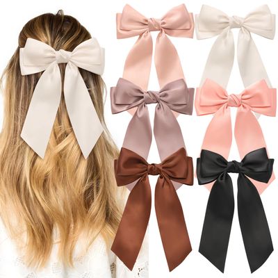 6PCS Silky Satin Hair Bows, Cute Bow Clips for Women, Large Bow Hair Clips for Thick Thin Hair, Hair Ribbon Bows, Brown Hair Accessories