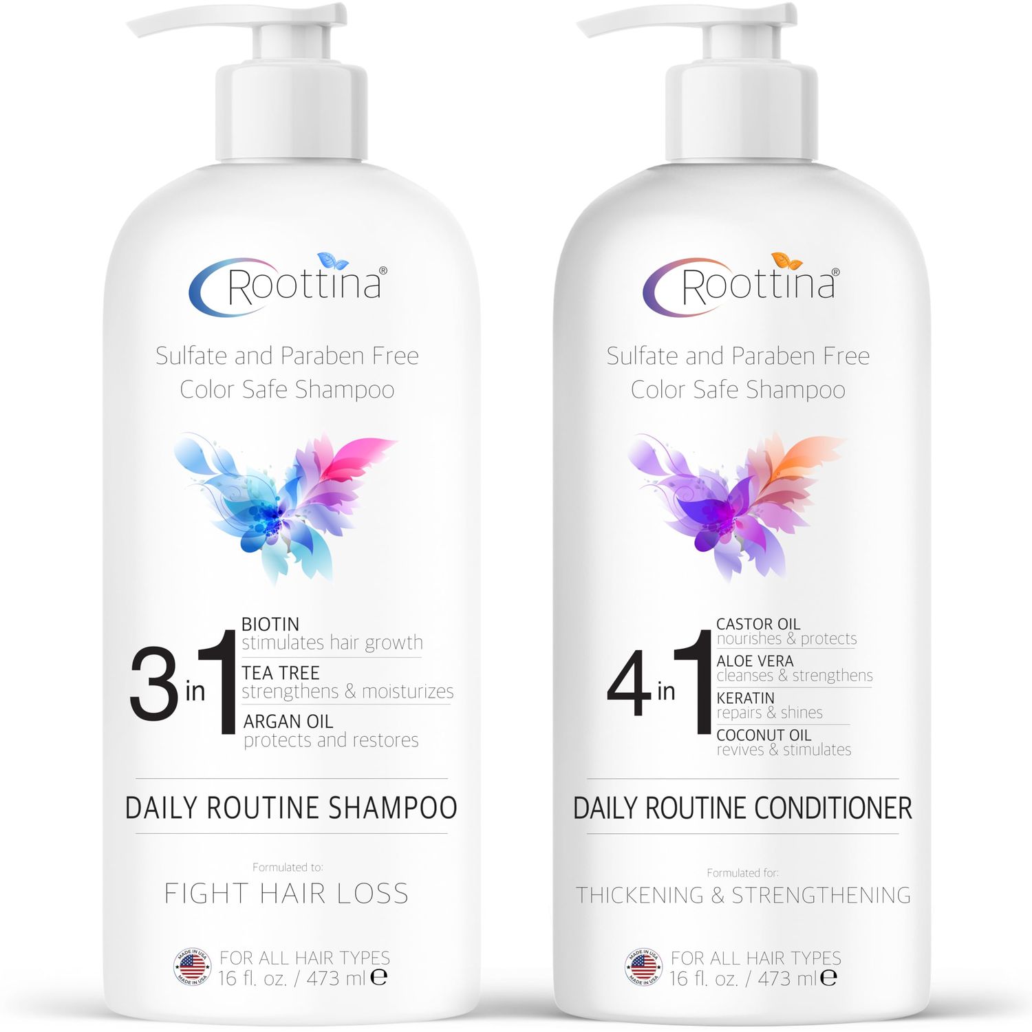 Thickening Roottina Daily Routine Shampoo and Conditioner for Women Hair Loss with DHT Blocker, Formulated for Thinning Hair &amp; Hair Growth Support, Made in USA, Infused with natural Oils (16 oz x 2)