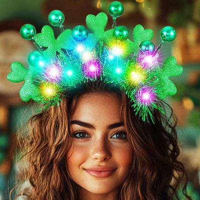Catery St Patrick&#39;s Day Headband Light Up Green Shamrock Hair Band Ball Irish Headwear Costume Accessories for Women and Girls