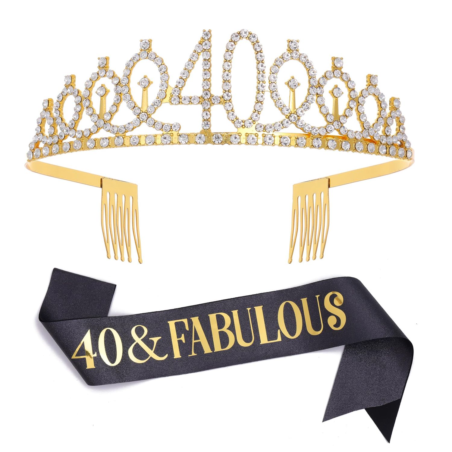 Black Gold &quot;40 &amp; Fabulous&quot;Sash &amp; Rhinestone Tiara Set, 40th Birthday Gifts for Women, Birthday Sash/Tiara for Women&#39;s 40th Birthday Party Decoration (Black 40th)