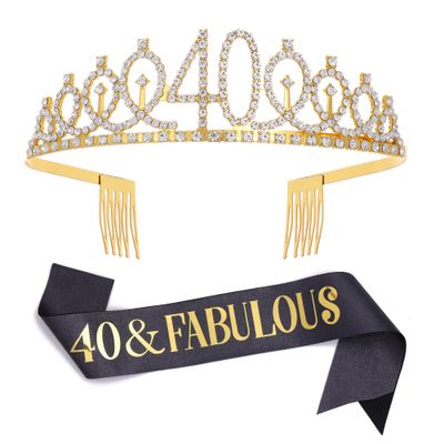 Black Gold &quot;40 &amp; Fabulous&quot;Sash &amp; Rhinestone Tiara Set, 40th Birthday Gifts for Women, Birthday Sash/Tiara for Women&#39;s 40th Birthday Party Decoration (Black 40th)