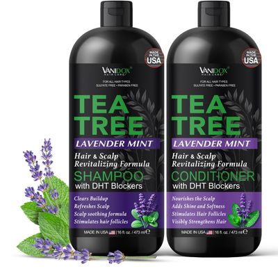 VANIDOX Tea Tree Lavender Mint Shampoo and Conditioner Set with 100% Pure Tea Tree Oil for Itchy, Dry Scalp - Deep Moisturizing &amp; Cleansing - Sulfate &amp; Paraben Free - Made in USA - 16 fl oz Each