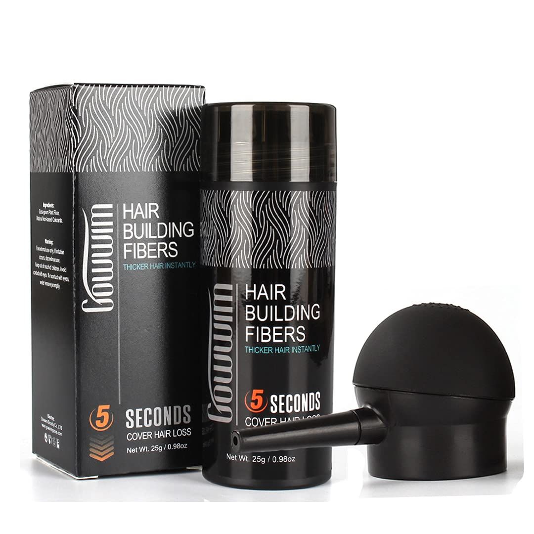 GOWWIM Hair Thickening Fibers 2-in-1 Kit Keratin Building Fibers, Spray Applicator &amp; Hold Spray - Instantly Volumize Sparse Areas (Black)