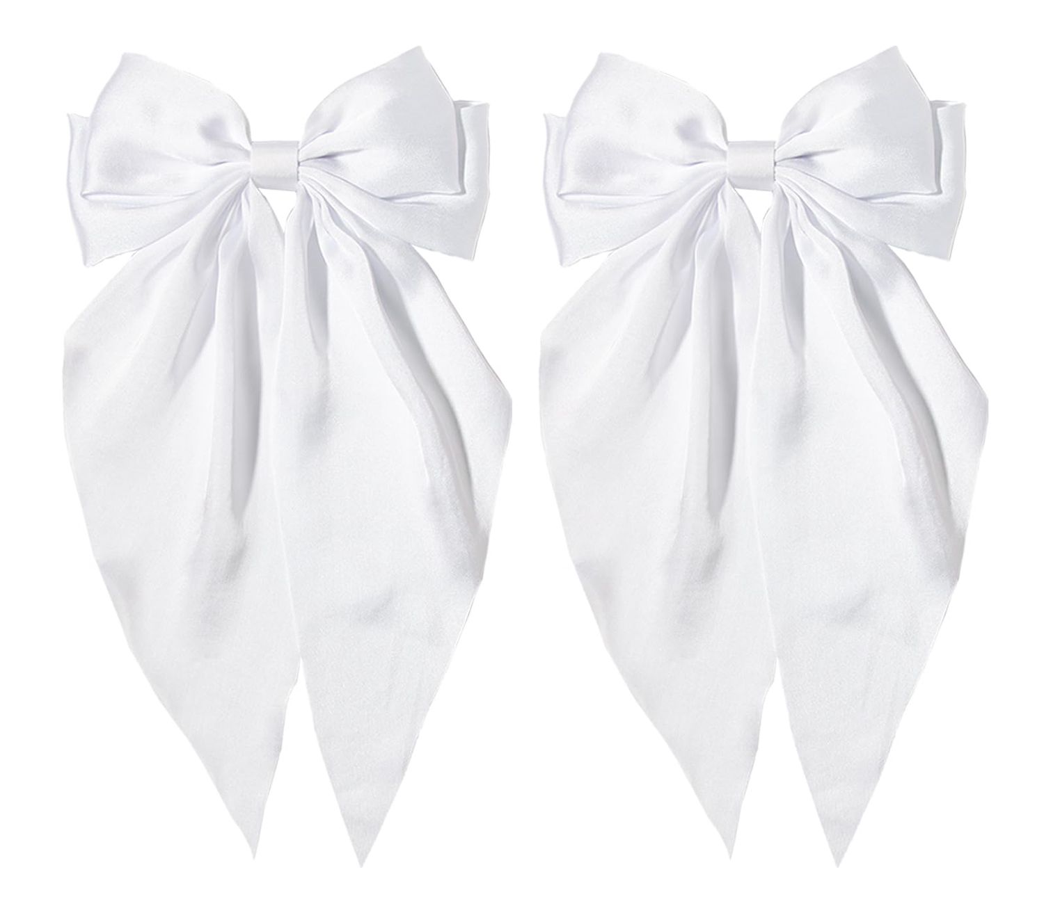 White Hair Bow for Women- Furling Pompoms Pack of 2 Satin Big White Bow Hair Clip for Girls Long Ribbon Alligator Clip Hair Barrettes for Women,Hair Pieces Bridal Wedding Accessories