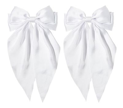 White Hair Bow for Women- Furling Pompoms Pack of 2 Satin Big White Bow Hair Clip for Girls Long Ribbon Alligator Clip Hair Barrettes for Women,Hair Pieces Bridal Wedding Accessories