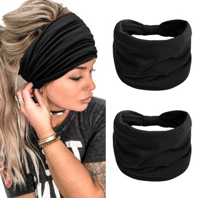 TERSE 2 Packs Headbands for Women Boho Extra Wide 7 Black Head Bands African Knotted Non Slip Fashion Hair Band Stretch Yoga Workout Running Gym Hairbands Turban Bandana for Girls