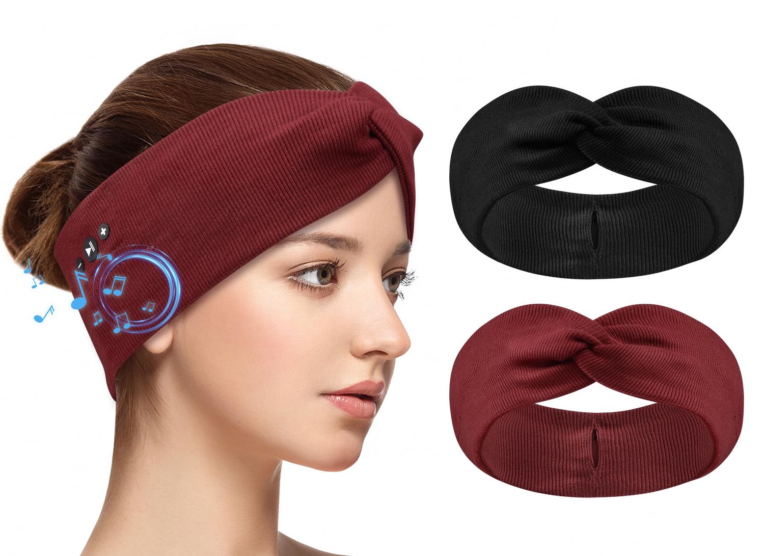 2-Pack Headband Headphones with Thin HD Speakers, Bluetooth Headband for Women, Stylish Knotted Design, Wireless Bluetooth Headphones for Workout, Daily Life, Yoga, Travel, Meditation - Red&amp;Black