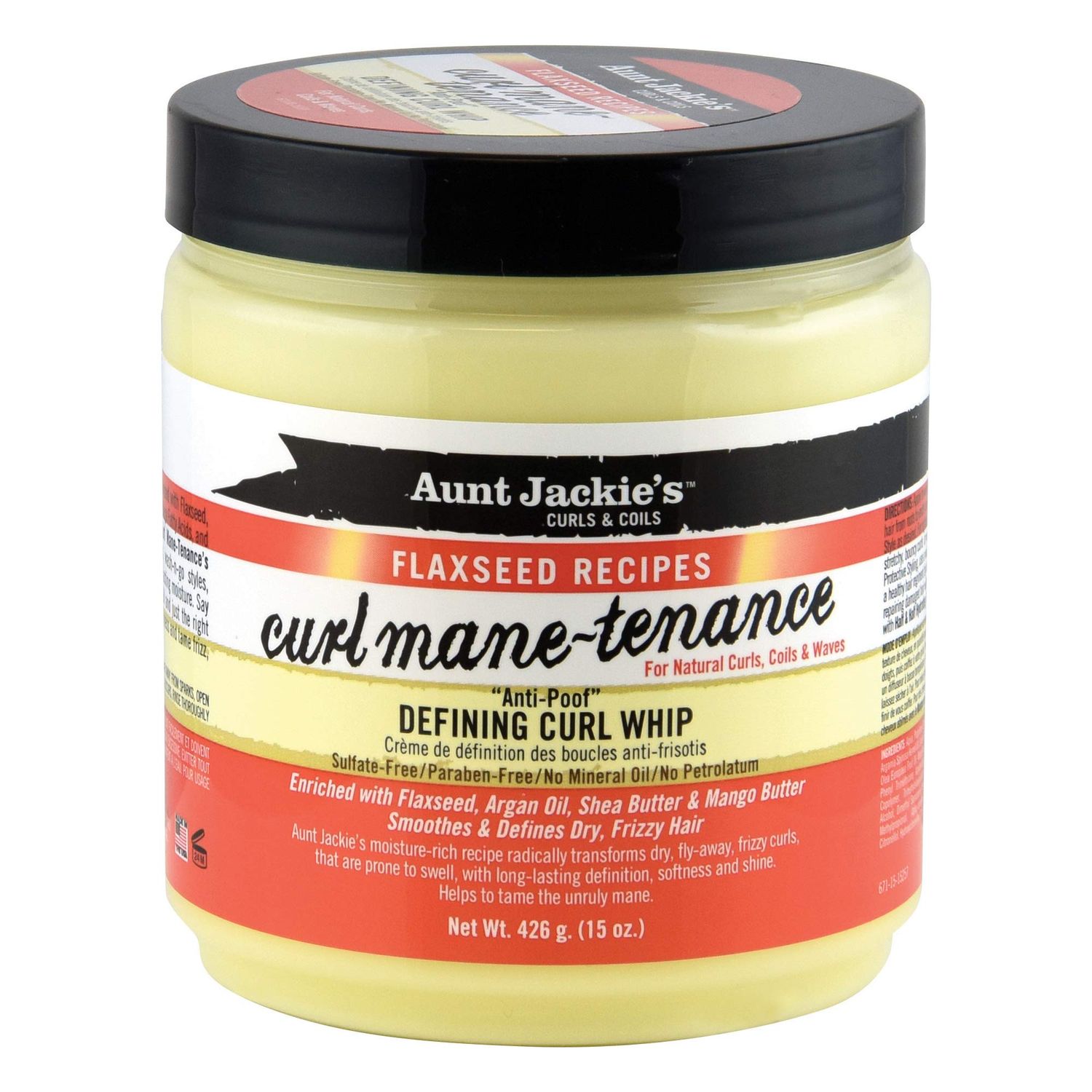Aunt Jackie&#39;s Flaxseed Recipes Curl Mane-tenance, Lightwieght Anti-Poof Defining Curl Whip, Enriched with Flaxseed, Argan Oil and Shea Butter, Great for Dry and Frizzy Hair, 15 Oz Jar, Orange