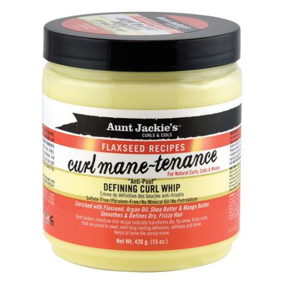 Aunt Jackie&#39;s Flaxseed Recipes Curl Mane-tenance, Lightwieght Anti-Poof Defining Curl Whip, Enriched with Flaxseed, Argan Oil and Shea Butter, Great for Dry and Frizzy Hair, 15 Oz Jar, Orange