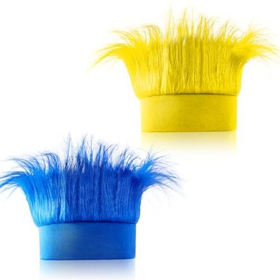 Hairy Headband, Funny Hat Fun Party Costume Accessories, Novelty Crazy Troll Hair Wigs for Adults, Teens and Kids, Party Supplies Headwear for Spirit Day, Sports Event and Cosplay(Blue&amp;Yellow, 2 Pack)
