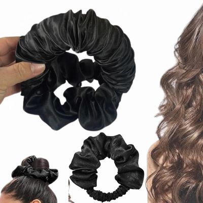 Women Hair Large Scrunchies and Overnight Curler with Care,Hair ties, Sateen,No Heat, for Thick and Thin Hairs,feels satin or silk,no damage,Elastic,Black,1count