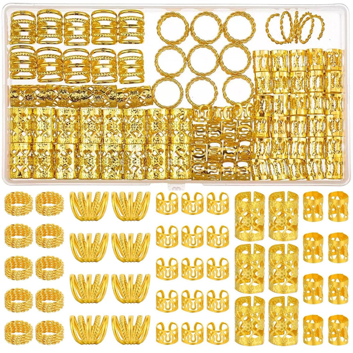 Gold Hair Jewelry Braid, Tuefuzy 110 Pcs Hair Accessory, Hair Dreadlock Accessory Braid, Metal Gold Braids Rings Cuffs Clips for Jewelry Decorations