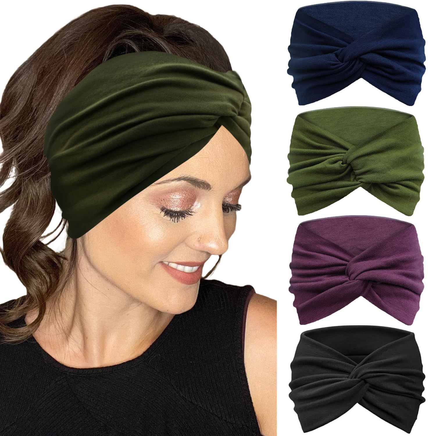 IVARYSS Extra Wide Headbands for Women Non-Slip, 7&#39;&#39; Large Twist Knotted Stretchy Wraps Head Bands Hair Accessories, 4 Pack, Solid Color